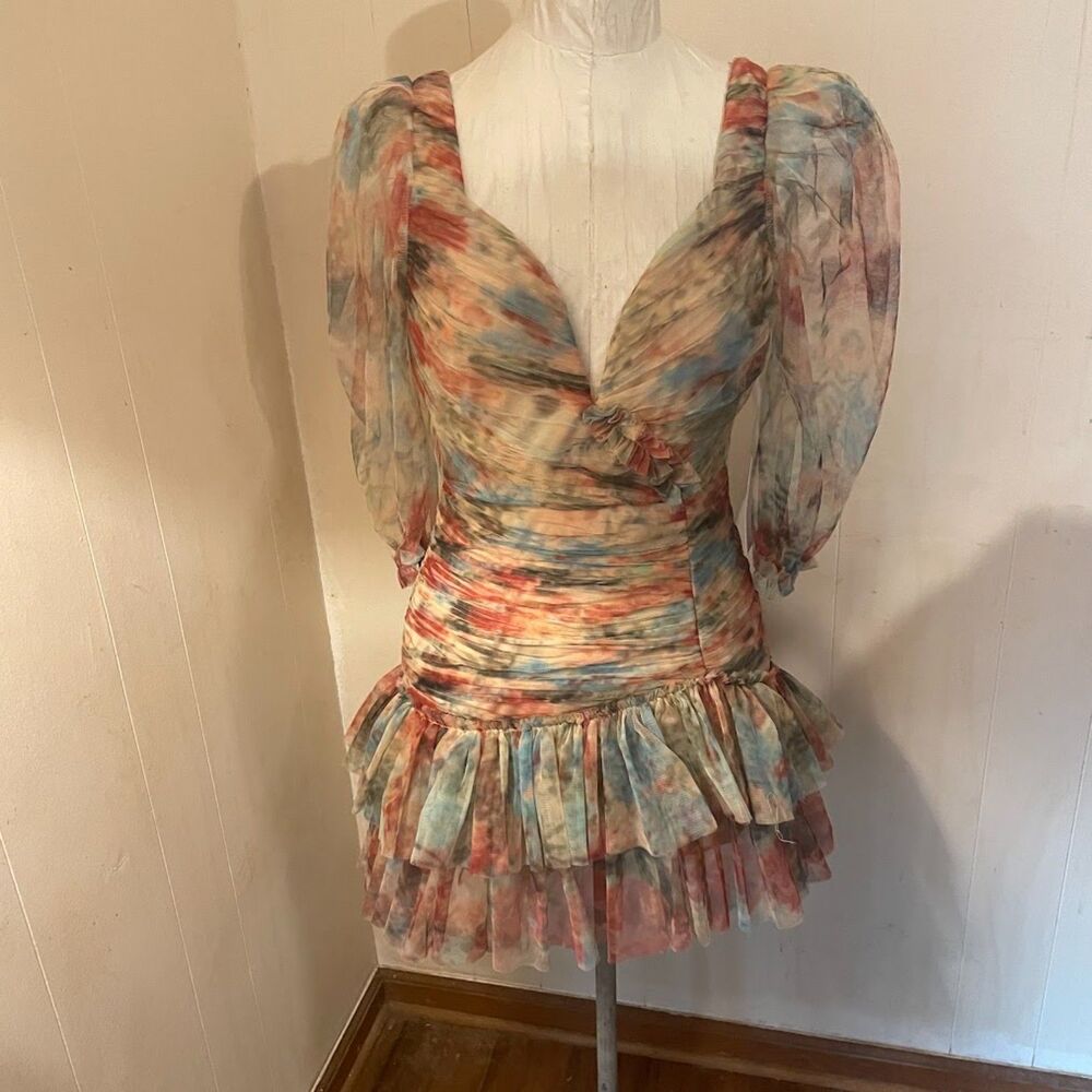 ROSEVELVET Ruffle Mesh Ruched MINI DRESS Puff Sleeves M NWT